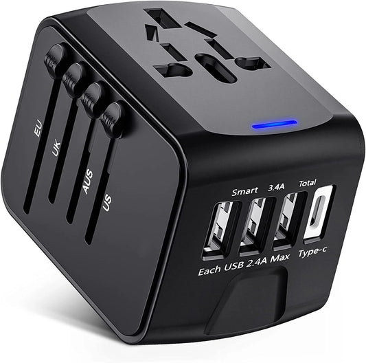 Universal Travel Adapter,  European Travel Plug Adapter with Type C, Black